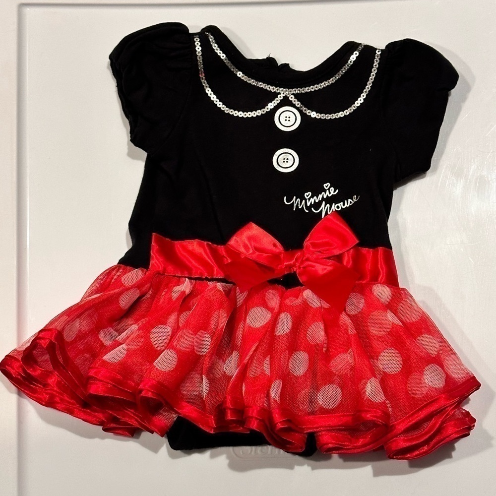 Disney Baby Minnie Mouse Onesie w/ Attached Mash Polkadot Skirt w/ Satin Trim